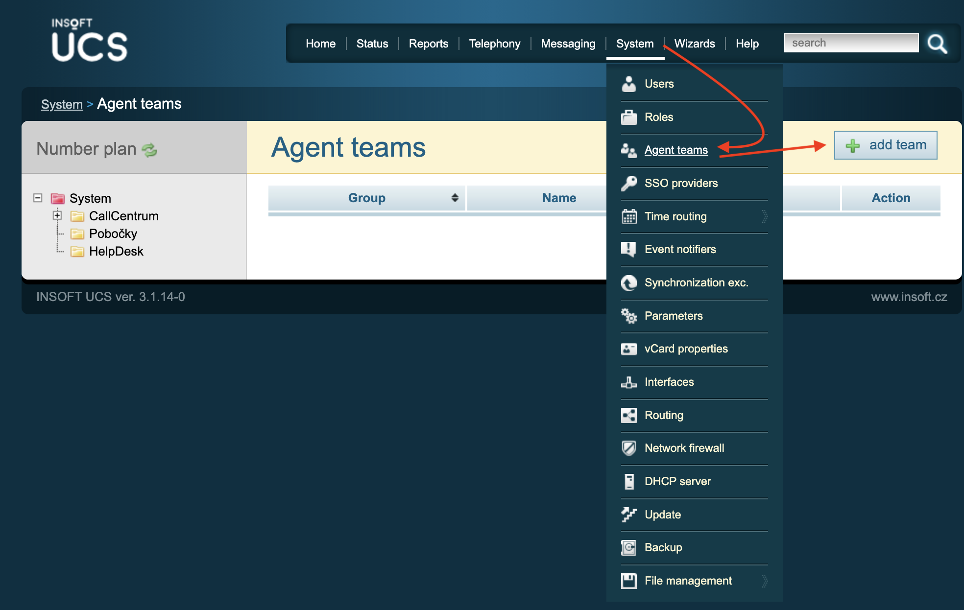 Agent Team menu